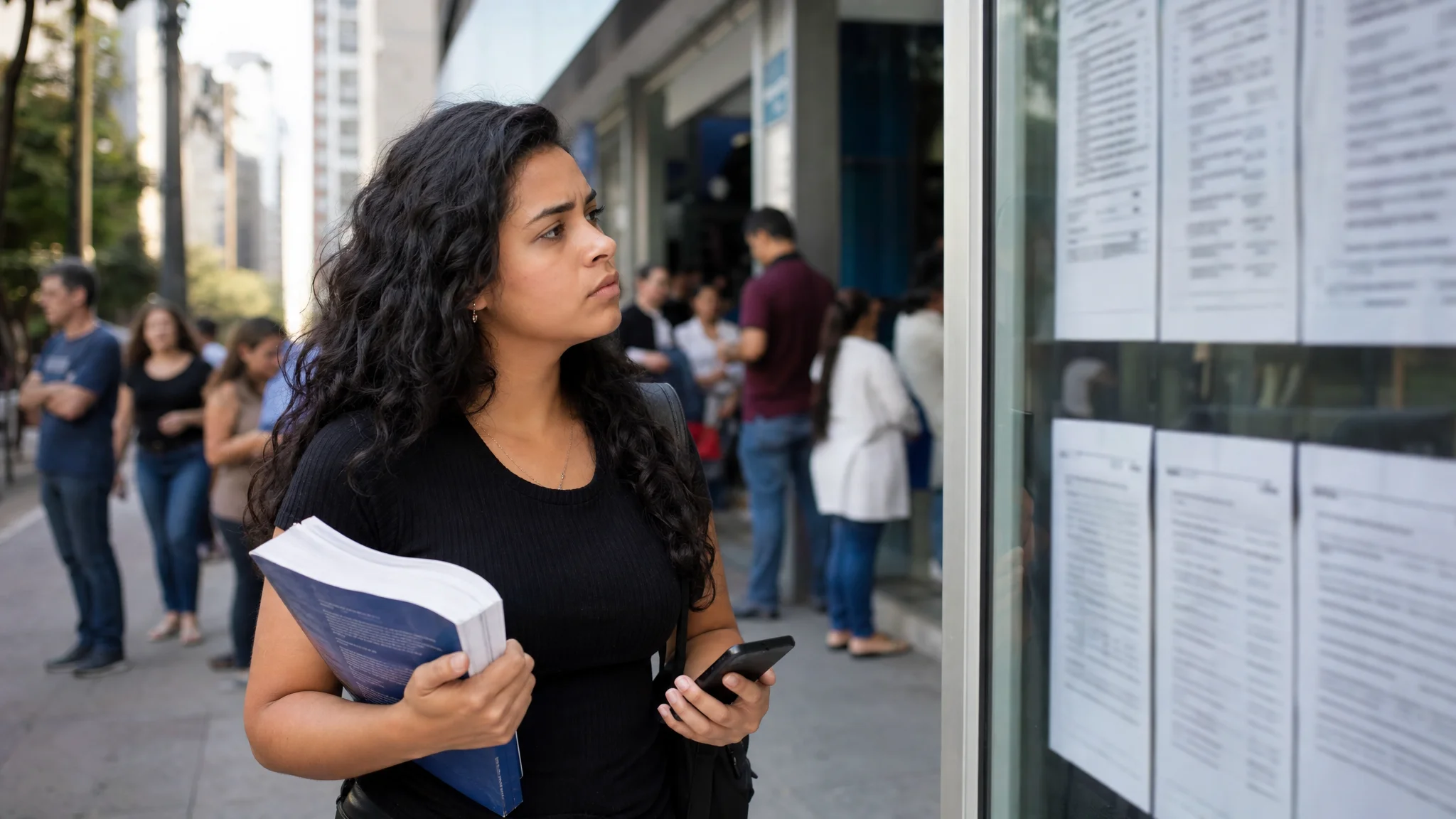 Jovem brasileira com material de estudos e celular em frente a uma agência da Previdência Social, em cena que representa a expectativa por novo concurso do INSS em 2026.