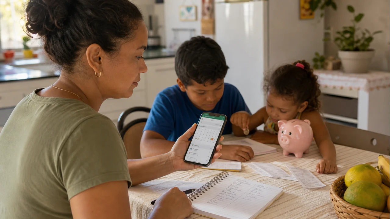 Família organiza em uma mesa o calendário de pagamentos do Bolsa Família e consulta um aplicativo genérico de benefícios no celular.