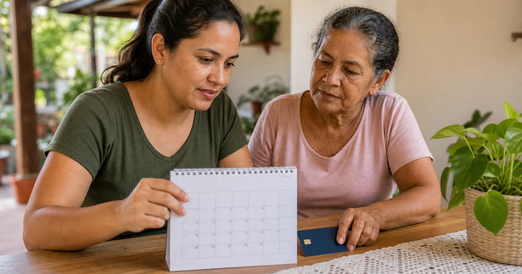 Mãe e avó consultam um calendário em frente a um ponto de atendimento para acompanhar o Bolsa Família de julho.