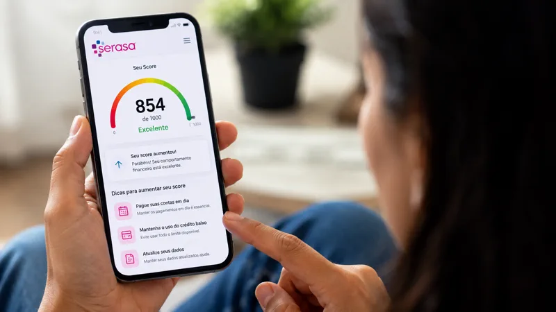Pessoa consulta o Score Serasa no celular e ve dicas para melhorar a pontuacao de credito.