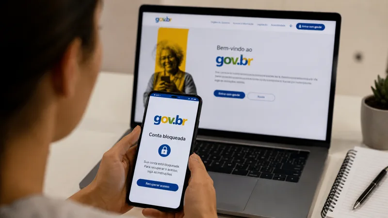 Pessoa consulta no celular como recuperar conta Gov.br bloqueada diante de notebook com pagina do Gov.br aberta.