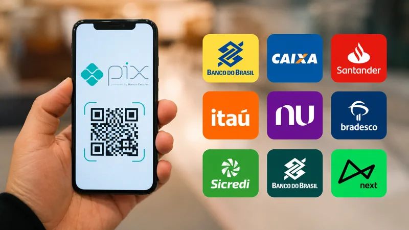 Pessoa segura celular com tela de Pix e QR Code ao lado de simbolos de instituicoes financeiras.