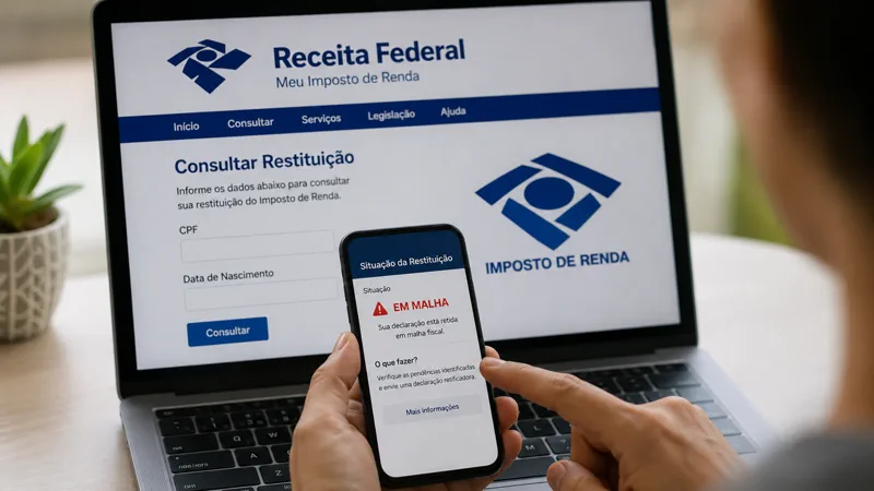 Pessoa consulta a situacao da restituição do Imposto de Renda em celular diante de notebook com tela da Receita Federal.