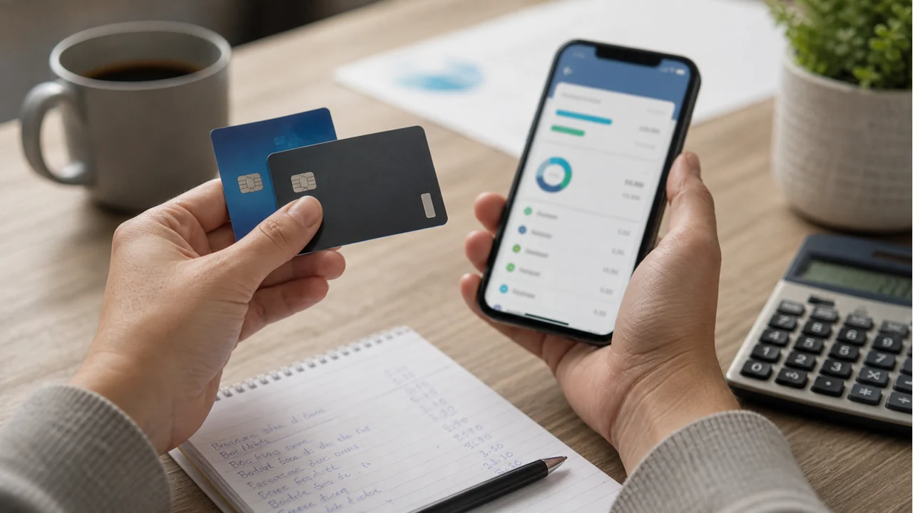 Pessoa compara cartões de crédito sem marca ao lado de celular, calculadora e lista de orçamento antes de pedir um novo cartão.
