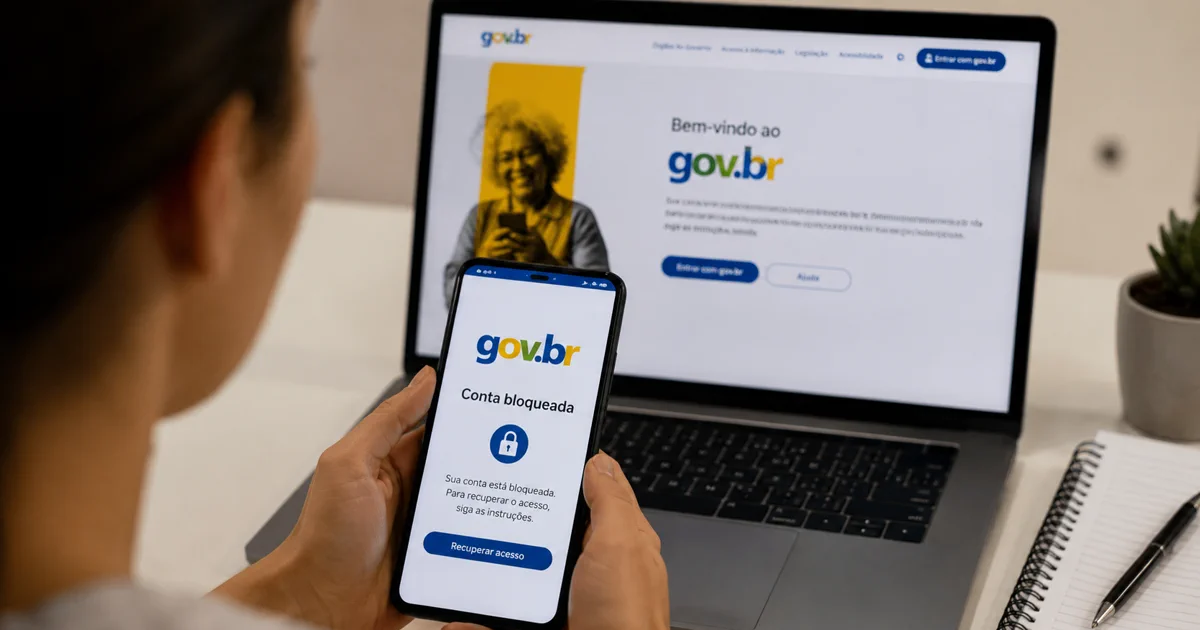 Pessoa consulta no celular como recuperar conta Gov.br bloqueada diante de notebook com pagina do Gov.br aberta.