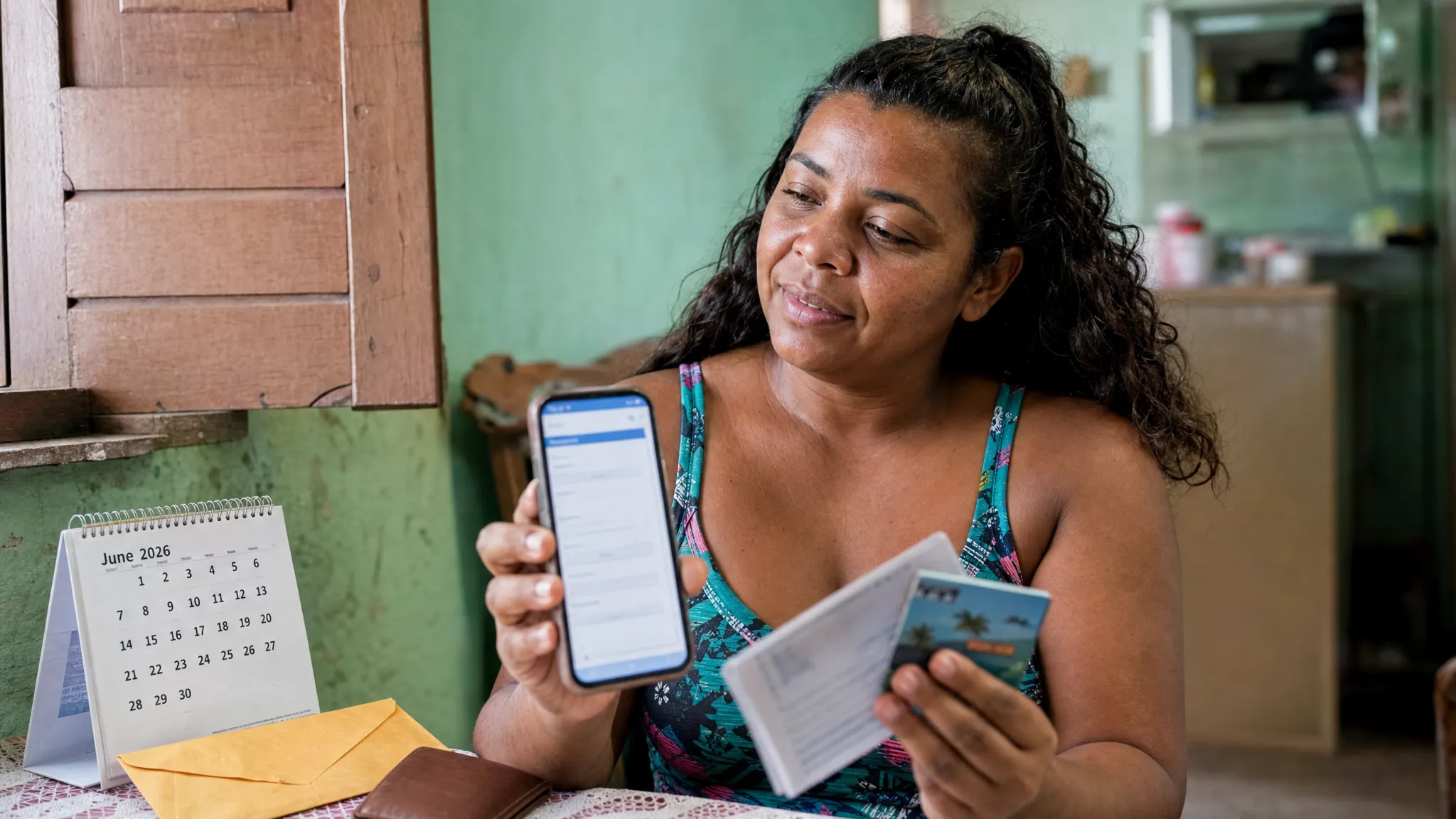 Mulher brasileira consultando o celular e documentos em casa no dia em que o Bolsa Família de junho de 2026 começa a ser pago.