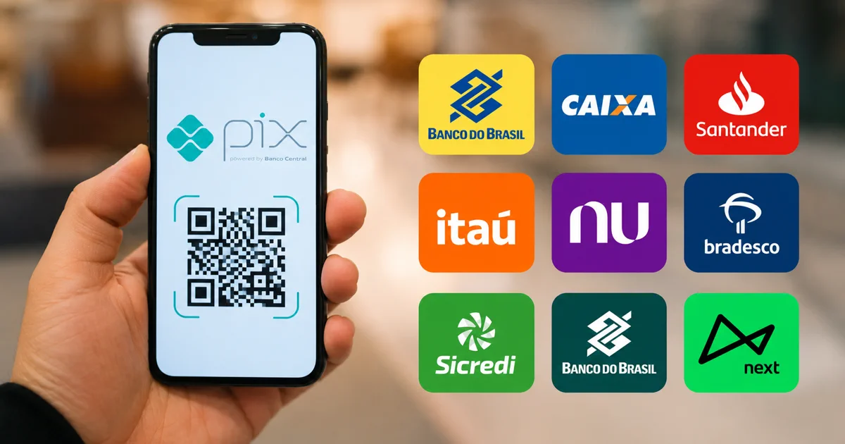 Pessoa segura celular com tela de Pix e QR Code ao lado de simbolos de instituicoes financeiras.