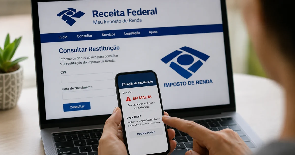 Pessoa consulta a situacao da restituição do Imposto de Renda em celular diante de notebook com tela da Receita Federal.
